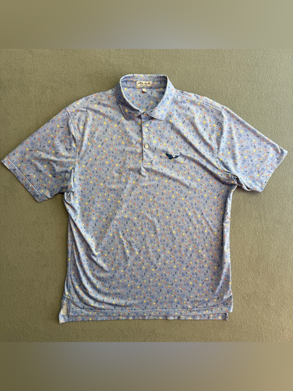 Peter Millar Summer Comfort Polo Shirt Large Mens Drink AOP Eagle Golf Club Blue - Picture 2 of 8